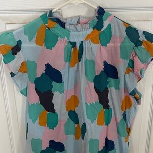Multicolor Abstract Ruffle Sleeve Top size Large